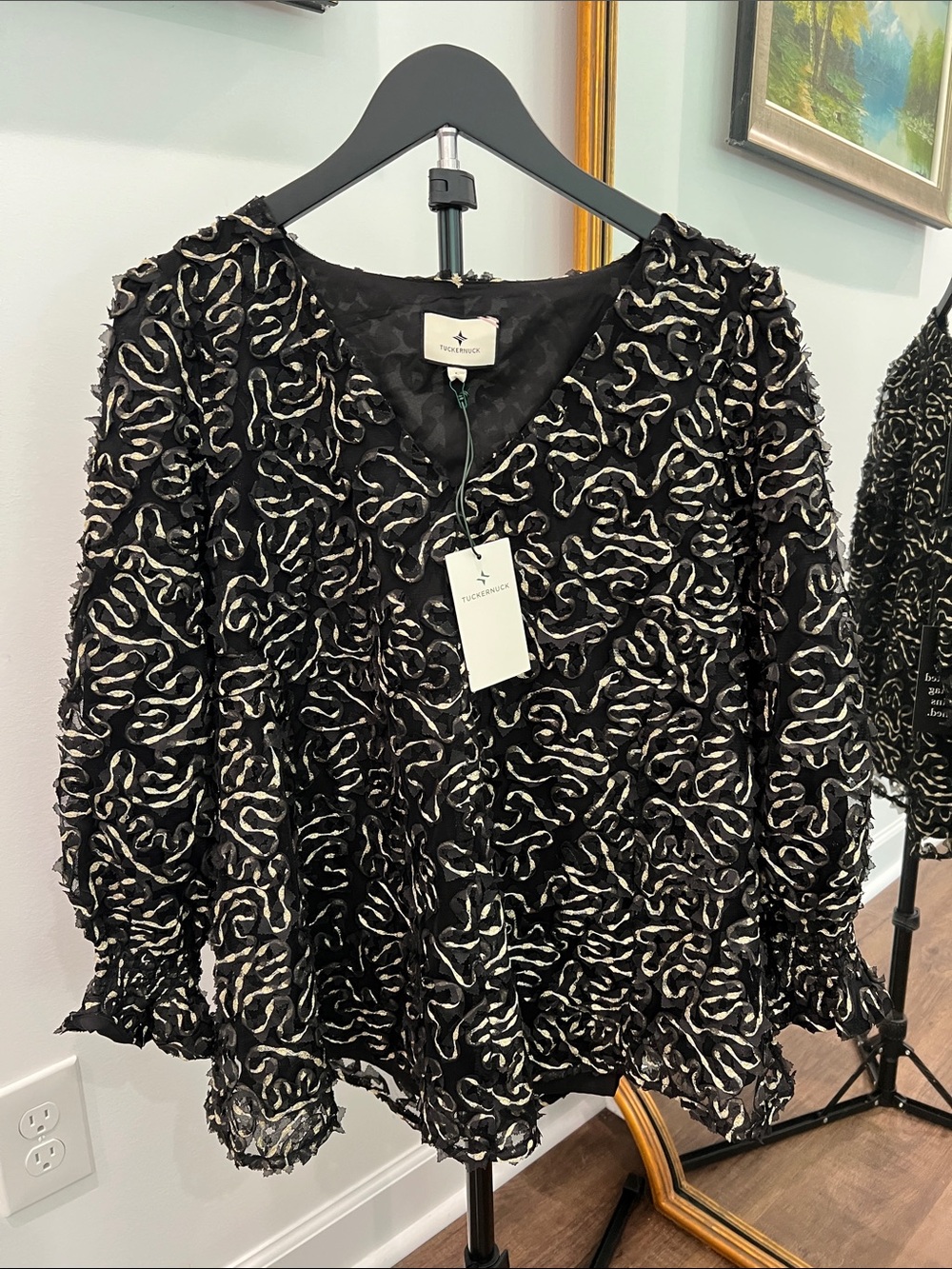 Tuckernuck Black and Gold Embroidered V-neck Top